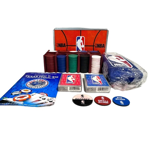 NBA 200 Chip Poker Set Chips Rack Cards & Felt Table Cover In‎ Collectible Tin - Picture 1 of 7